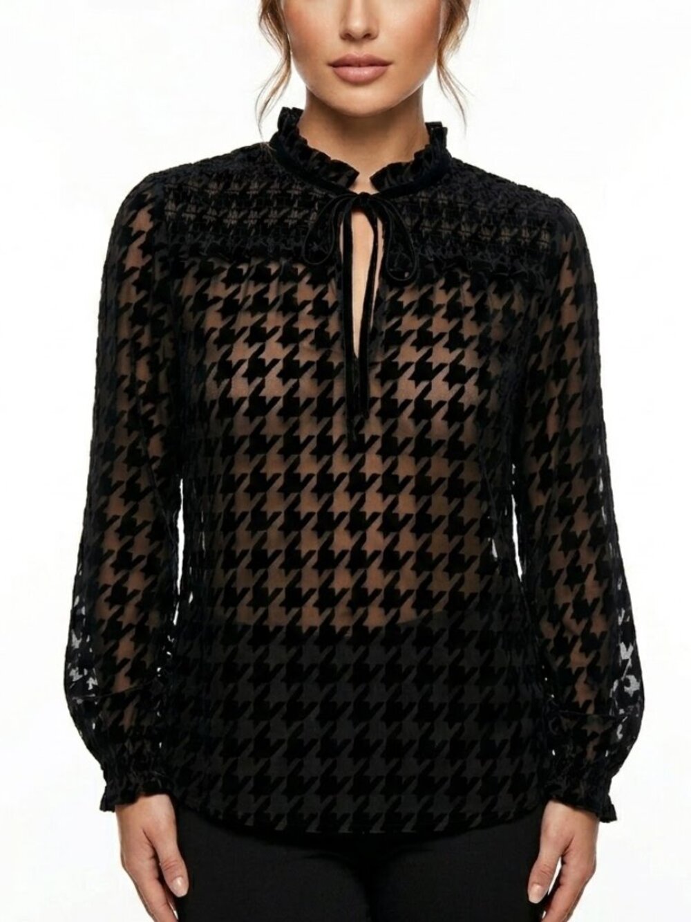 ZARA Goth Houndstooth Mesh Velvet Burnout Blouse Tie Neck Sheer Top Sz S - Picture 2 of 9